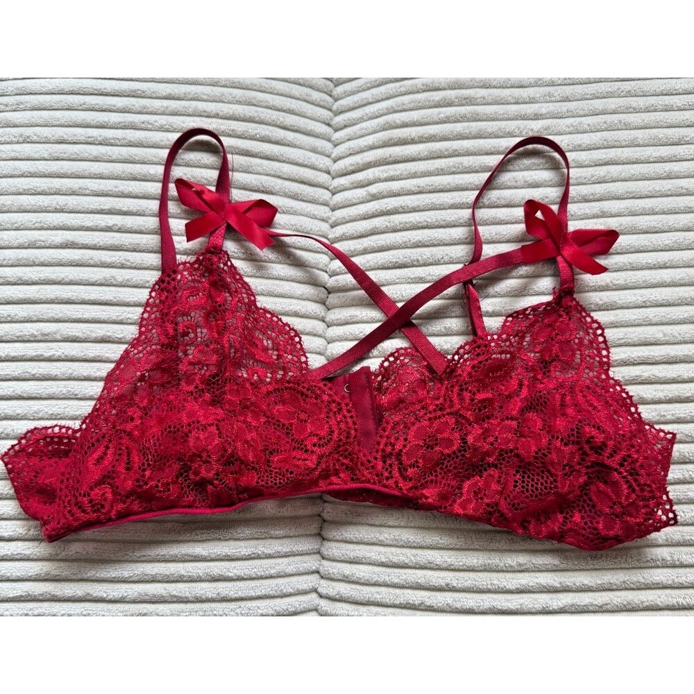 Red Lace Sexy Bra Bralette Women's Large Bows Coquette